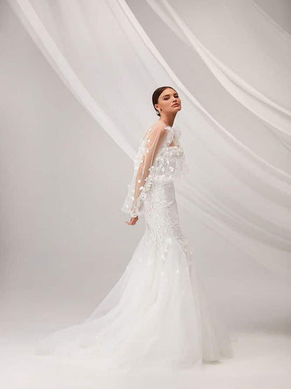 Illusion & Classic Mermaid Boho Wedding Dresses Strapless Appliqued Tulle Sweep Train Bridal Gowns With Jacket