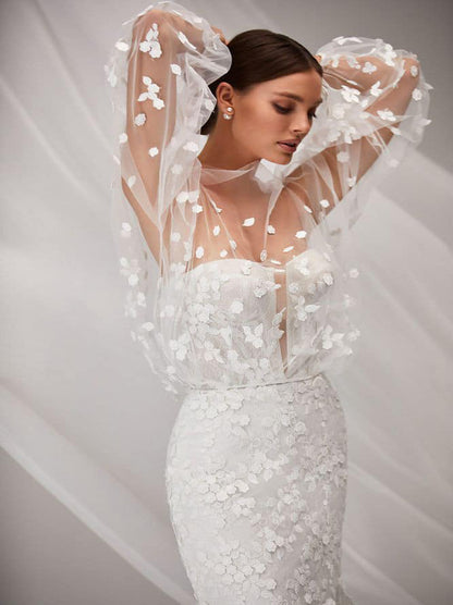 Illusion & Classic Mermaid Boho Wedding Dresses Strapless Appliqued Tulle Sweep Train Bridal Gowns With Jacket