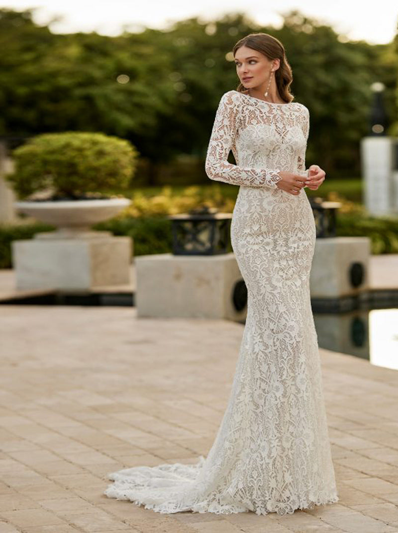 Elegant Mermaid Wedding Dresses Scoop Long Sleeves Buttons Back Lace Sweep Train Bridal Gowns