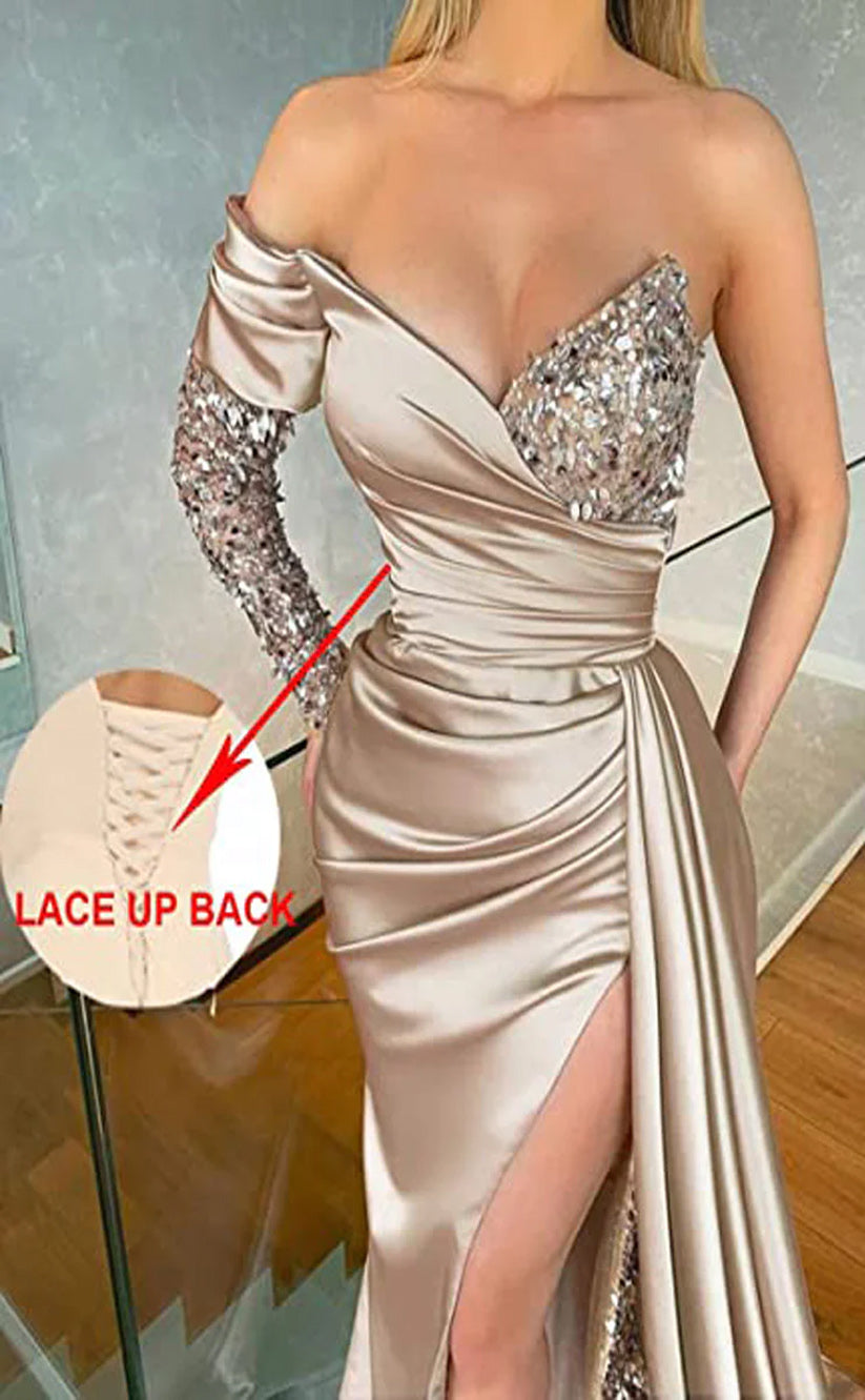 RP032-Elegant Mermaid Sweetheart One Long Sleeve Beads Appliques Lace Up Satin Long Formal Prom Evening Dresses Party Gowns With Slit