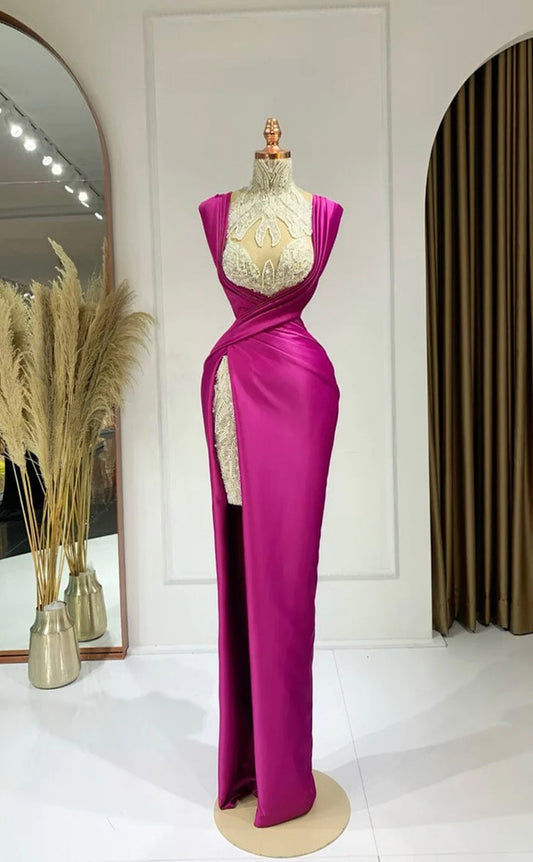 RP294-Fuchsia Sheath/Column High Neck Beads Sequined Cap Sleeves Prom Evening Dresses Formal Party Gowns With Slit