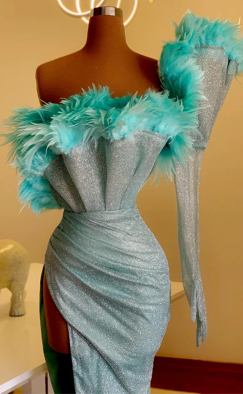 RP508-Charming Turquoise Mermaid Strapless Sequins Feathers SatinLong Sleeves Prom Evening Dresses Formal Party Gowns With High Split