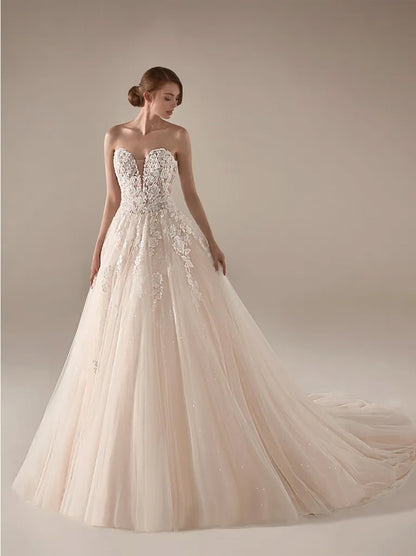 Elegant A-Line Boho Wedding Dresses Sweetheart Appliqued Sleeveless Tulle Court Train Bridal Gowns Custom Made