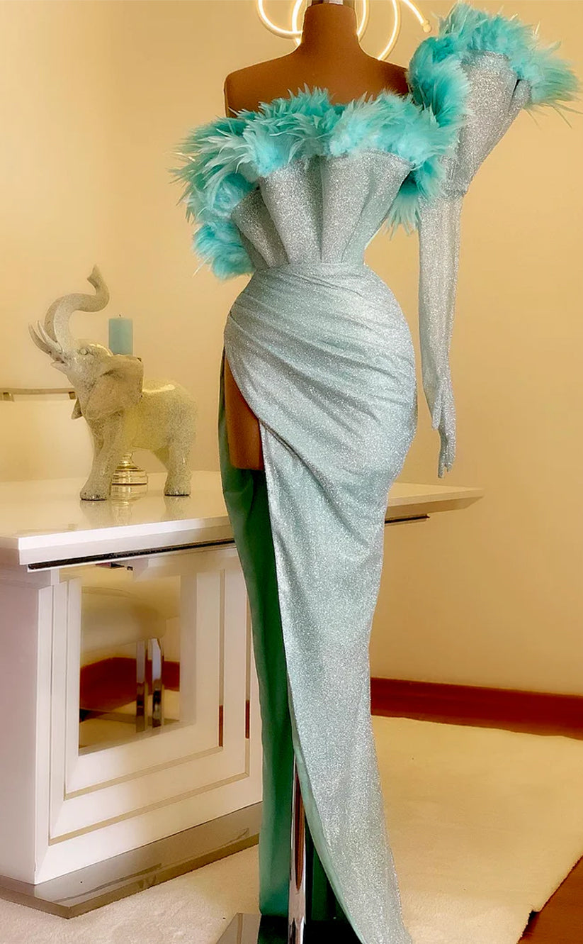 RP508-Charming Turquoise Mermaid Strapless Sequins Feathers SatinLong Sleeves Prom Evening Dresses Formal Party Gowns With High Split