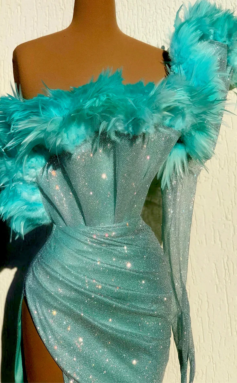 RP508-Charming Turquoise Mermaid Strapless Sequins Feathers SatinLong Sleeves Prom Evening Dresses Formal Party Gowns With High Split