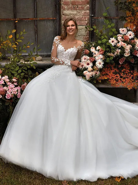 Elegant A-Line Boho Wedding Dresses Scoop Appliqued Long Sleeves Tulle Court Train Bridal Gowns Custom Made