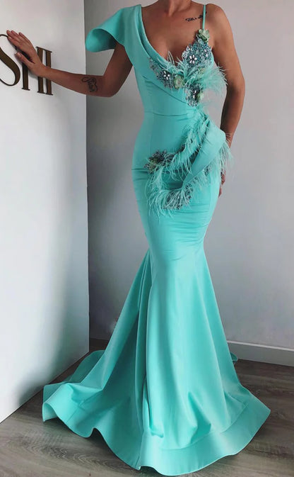 RP509-Charming Turquoise Mermaid Spaghetti Beaded Crystals Appliqued Feathers Satin Long Prom Evening Dresses Formal Party Gowns