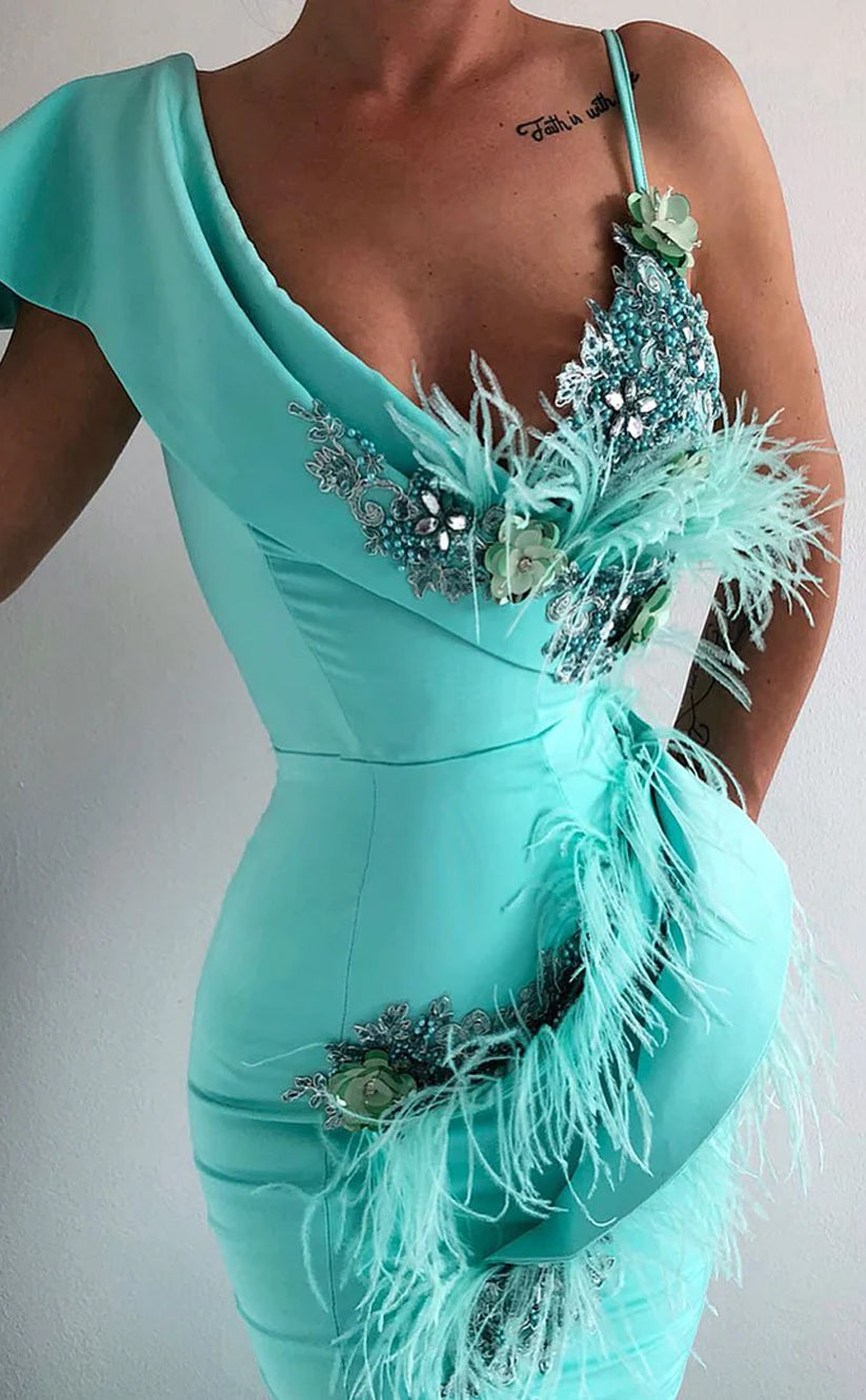 RP509-Charming Turquoise Mermaid Spaghetti Beaded Crystals Appliqued Feathers Satin Long Prom Evening Dresses Formal Party Gowns