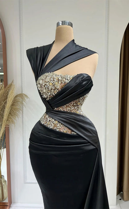 RP310-Elegant Black Mermaid One Shoulder Beads Crystals Sleeveless Prom Evening Dresses Formal Party Gowns