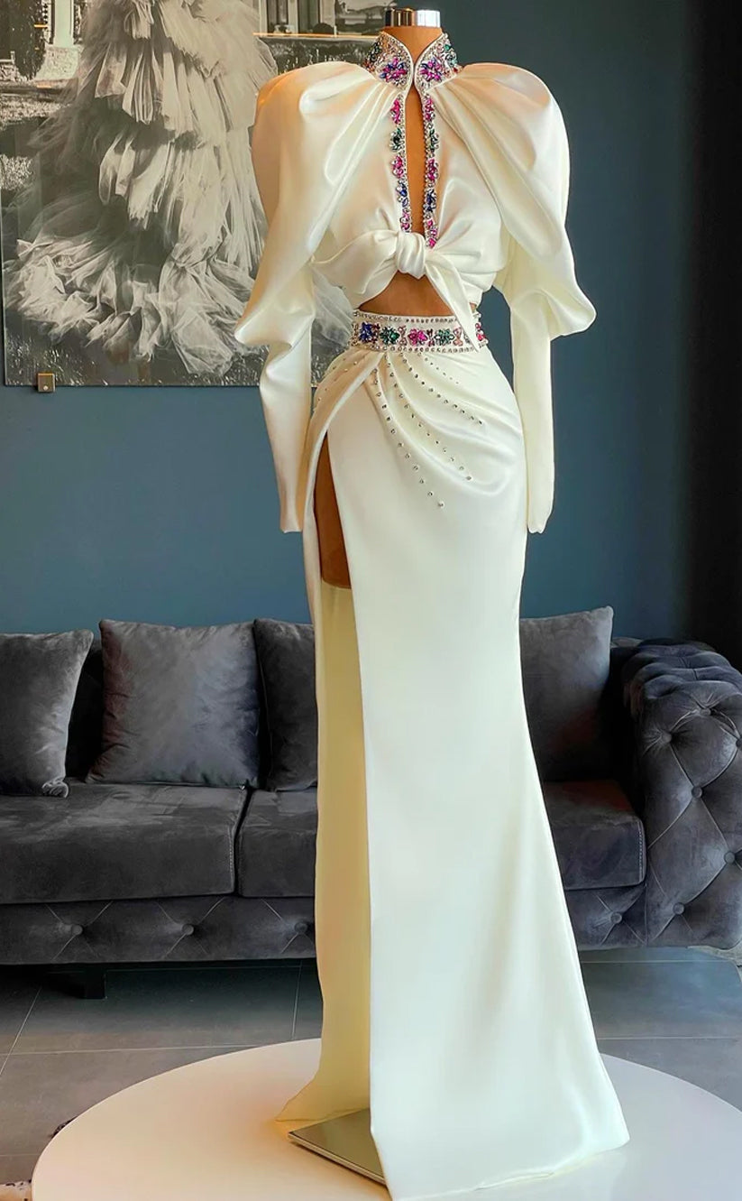 RP510-Amazing White Mermaid High Neck Ruched Beads Crystals Satin Long Sleeves Prom Evening Dresses Formal Party Gowns With High Split