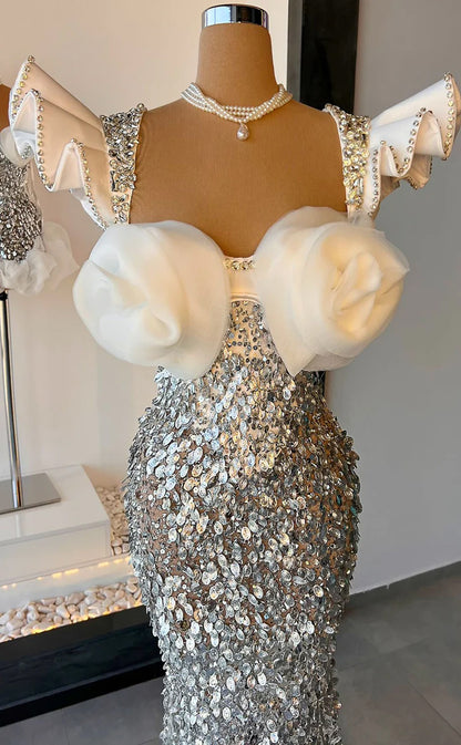 RP511-Luxury White Mermaid Sweetheart Sequins Beaded Cap Sleeves Satin Long Prom Evening Dresses Formal Party Gowns With 3D Flowers