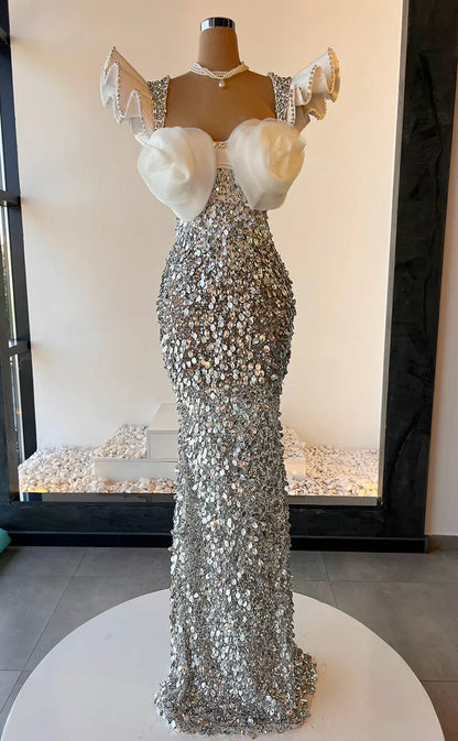 RP511-Luxury White Mermaid Sweetheart Sequins Beaded Cap Sleeves Satin Long Prom Evening Dresses Formal Party Gowns With 3D Flowers