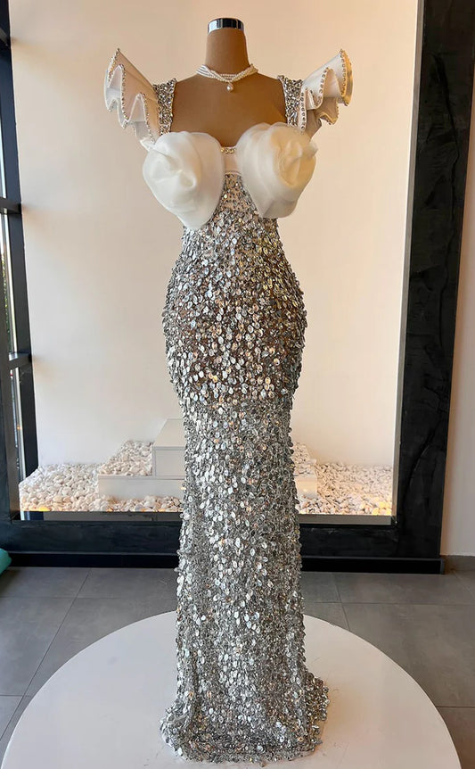 RP511-Luxury White Mermaid Sweetheart Sequins Beaded Cap Sleeves Satin Long Prom Evening Dresses Formal Party Gowns With 3D Flowers