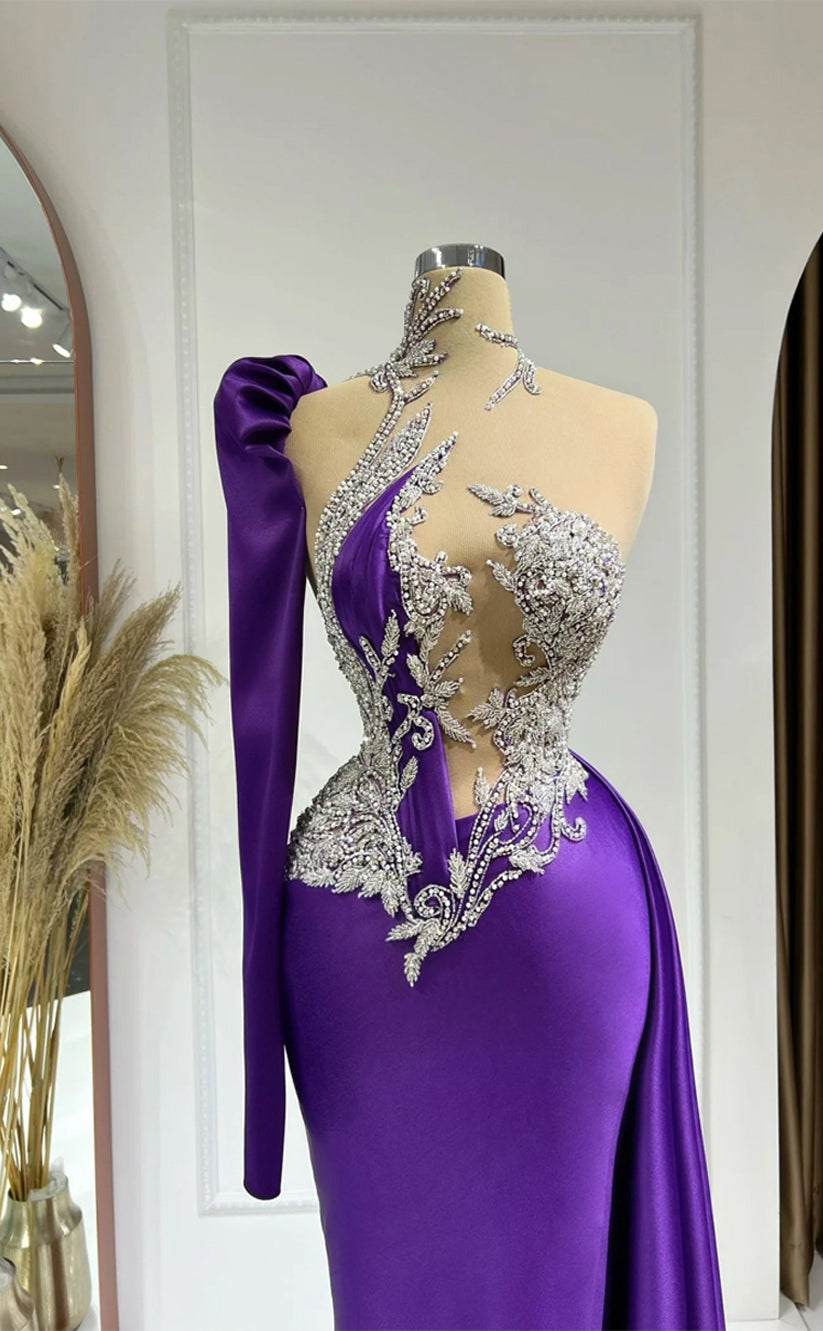 RP311-Elegant Purple Mermaid High Neck Beads Appliqued One Long Sleeve Prom Evening Dresses Formal Party Gowns With Train