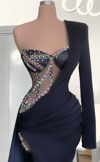 RP514-Elegant Black Mermaid One Shoulder Ruched Beads Crystals Satin Long Sleeves Prom Evening Dresses Formal Party Gowns With Split