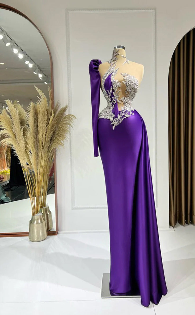 RP311-Elegant Purple Mermaid High Neck Beads Appliqued One Long Sleeve Prom Evening Dresses Formal Party Gowns With Train