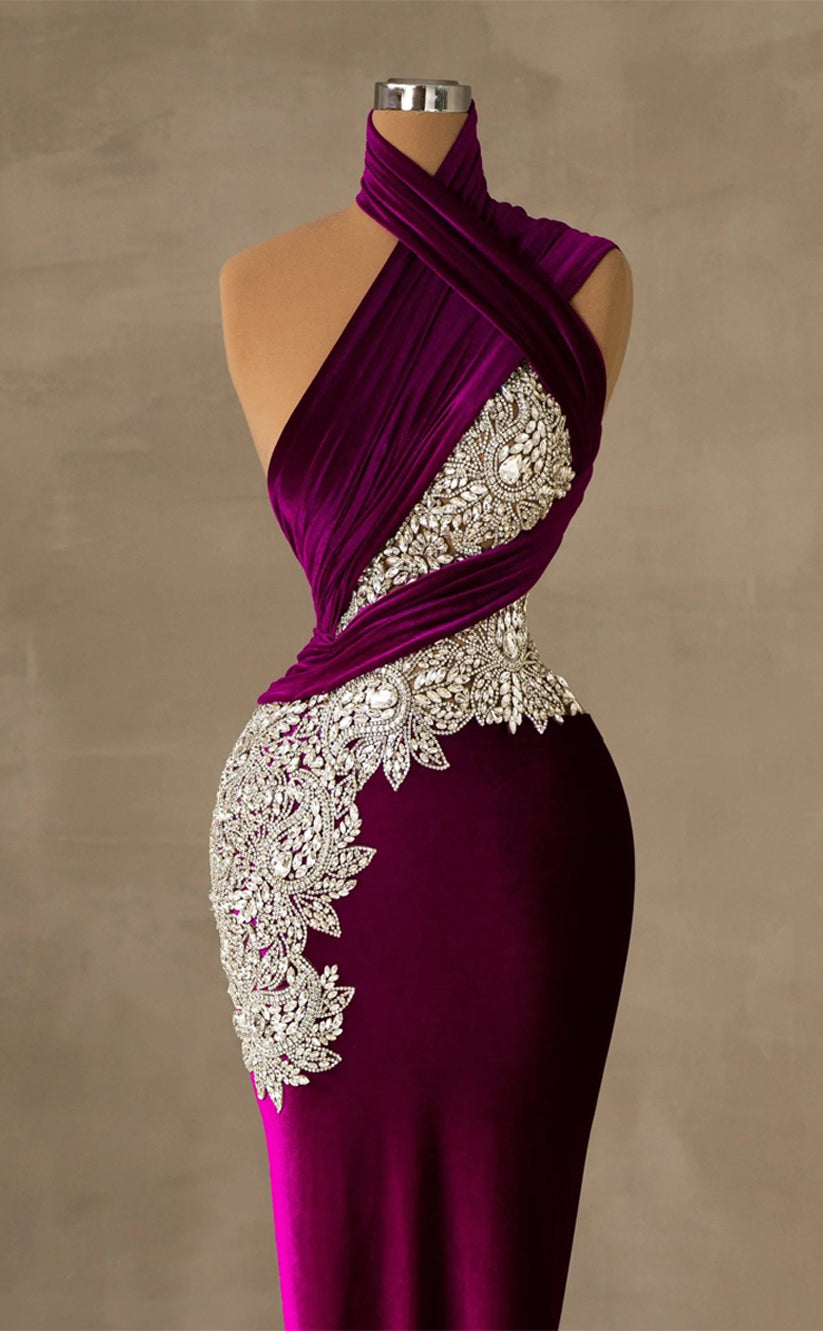 RP312-Elegant Purple Mermaid Halter Beads Appliqued Sleeveless Velvet Prom Evening Dresses Formal Party Gowns With Train