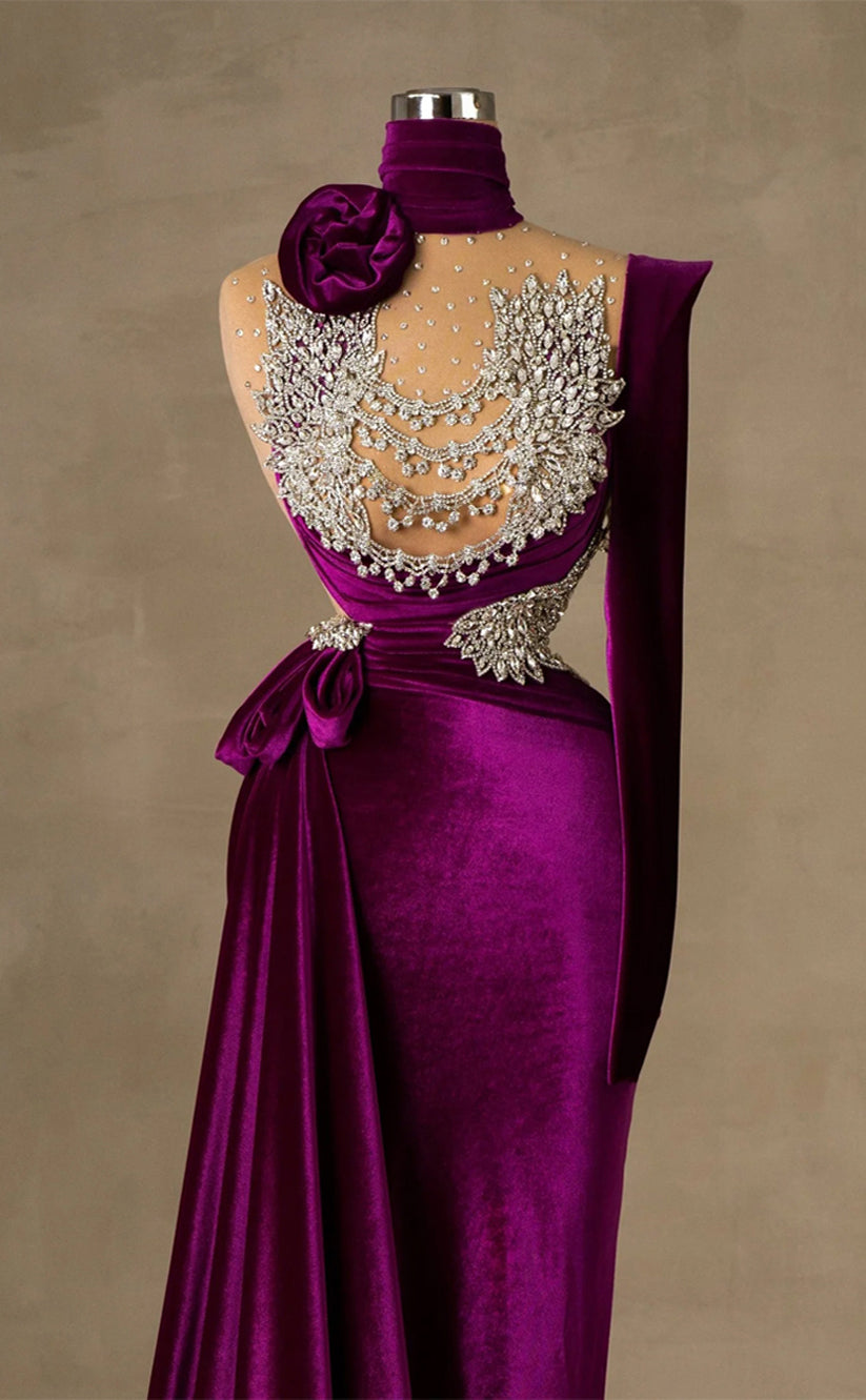 RP313-Elegant Purple Mermaid High Neck Beads Appliqued Sleeveless Velvet Prom Evening Dresses Formal Party Gowns With Flower