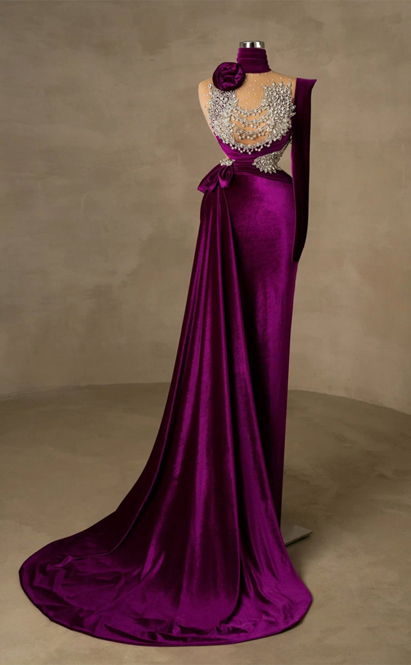 RP313-Elegant Purple Mermaid High Neck Beads Appliqued Sleeveless Velvet Prom Evening Dresses Formal Party Gowns With Flower