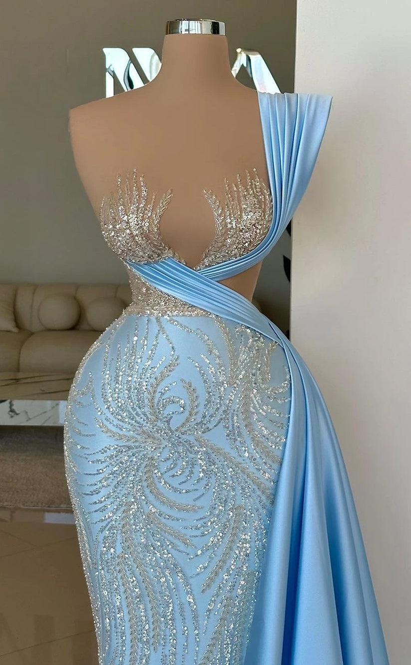 RP366-Sky Blue Mermaid One Shoulder Beaded Sequins Pleated Prom Evening Dresses Formal Party Gowns