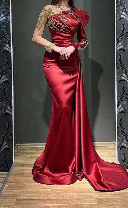 RP211-Burgundy Trumpet High Neck Beads Pleated Appliqued Prom Dresses Formal Evening Party Gowns