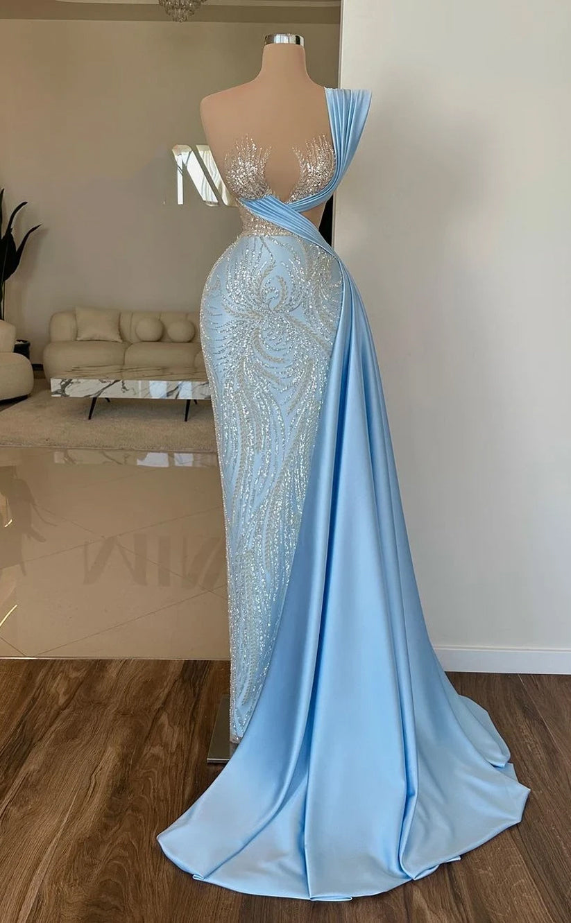RP366-Sky Blue Mermaid One Shoulder Beaded Sequins Pleated Prom Evening Dresses Formal Party Gowns