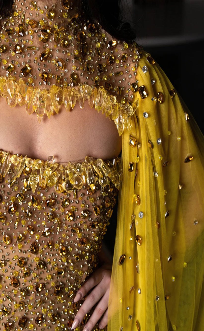 RP315-Luxury Yellow Mermaid Strapless Beads Crystals Feathers Sleeveless Prom Evening Dresses Formal Party Gowns With A Long Cloak