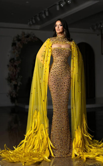 RP315-Luxury Yellow Mermaid Strapless Beads Crystals Feathers Sleeveless Prom Evening Dresses Formal Party Gowns With A Long Cloak