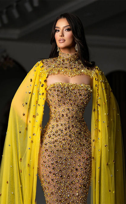 RP315-Luxury Yellow Mermaid Strapless Beads Crystals Feathers Sleeveless Prom Evening Dresses Formal Party Gowns With A Long Cloak