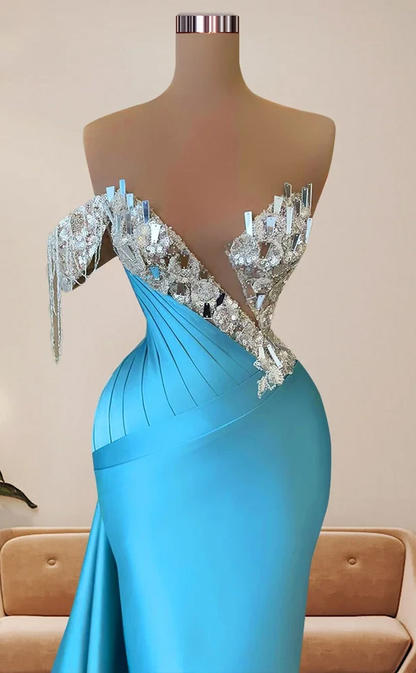 RP519-Charming Sky Blue Mermaid One Shoulder Ruched Sequins Crystals Satin Cap Sleeves Prom Evening Dresses Formal Party Gowns