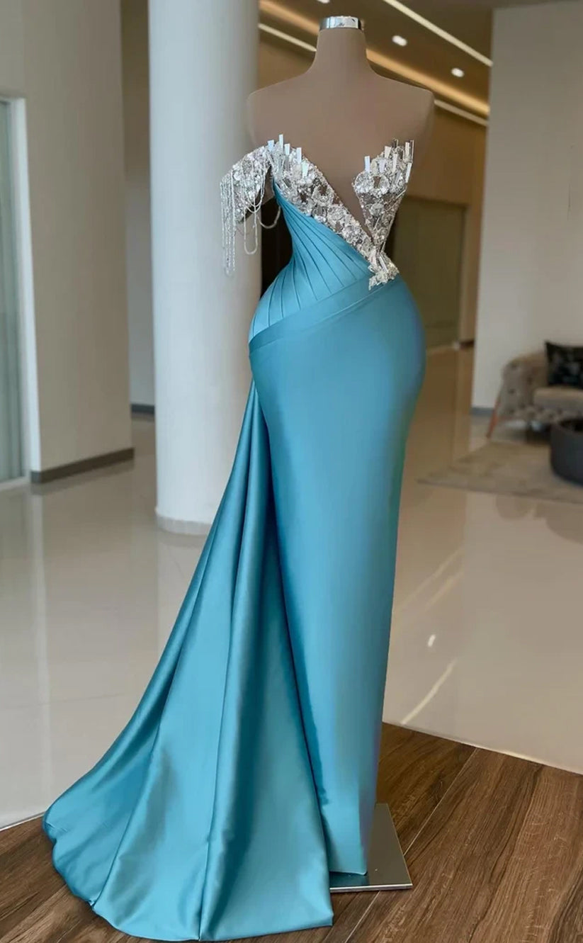 RP519-Charming Sky Blue Mermaid One Shoulder Ruched Sequins Crystals Satin Cap Sleeves Prom Evening Dresses Formal Party Gowns