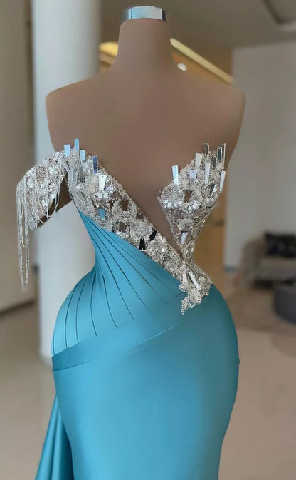 RP519-Charming Sky Blue Mermaid One Shoulder Ruched Sequins Crystals Satin Cap Sleeves Prom Evening Dresses Formal Party Gowns