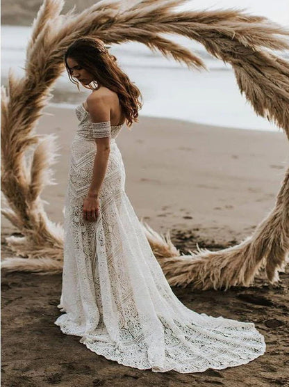 Sexy Mermaid Wedding Dresses Sweetheart Cap Sleeves Zipper Sweep Train Lace Bridal Gowns Custom Made