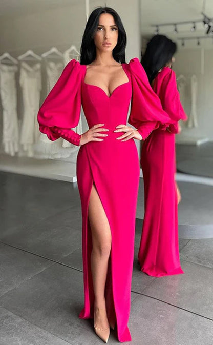 RP322-Elegant Sheath/Column Sweetheart Pleated Puffy Long Sleeves Prom Evening Dresses Formal Party Gowns With Slit