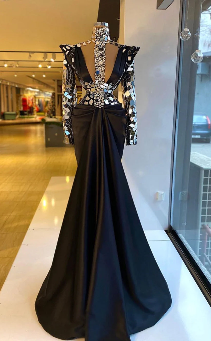 RP520-Luxury Black Mermaid High Neck Ruched Crystals Mirrors Long Sleeves Prom Evening Dresses Formal Party Gowns