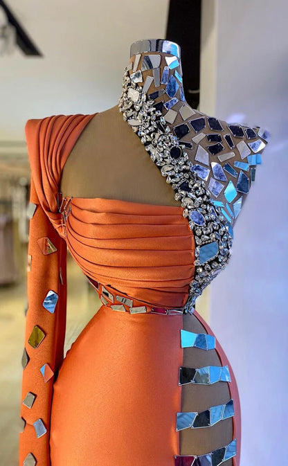 RP521-Luxury Orange Mermaid High Neck Ruched Crystals Mirrors Long Sleeves Prom Evening Dresses Formal Party Gowns