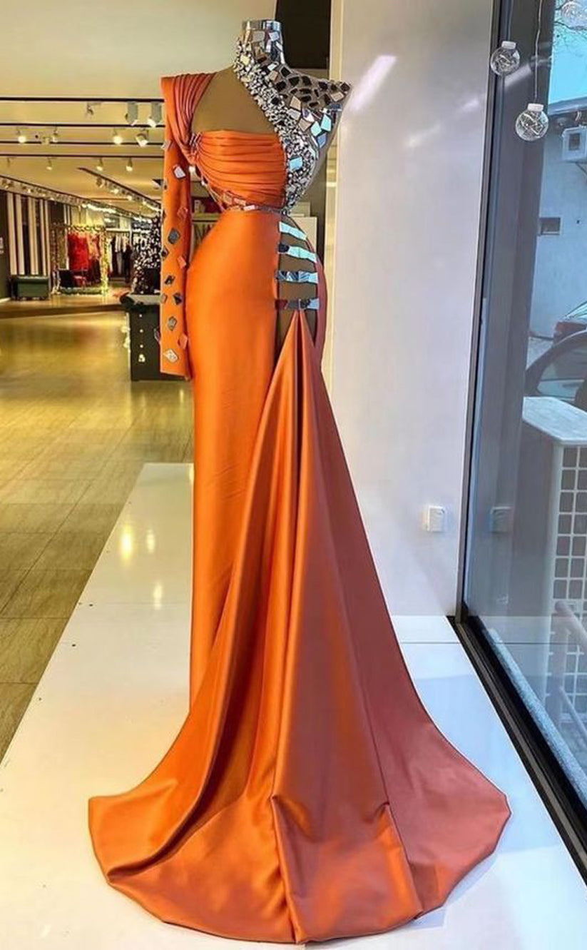 RP521-Luxury Orange Mermaid High Neck Ruched Crystals Mirrors Long Sleeves Prom Evening Dresses Formal Party Gowns