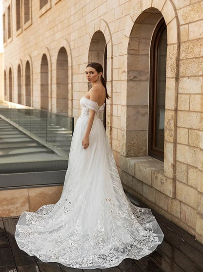 Simple & Elegant A-Line Boho Wedding Dresses Sweetheart Appliqued Beads Puffy Sleeves Tulle Sweep Train Bridal Gowns Custom Made