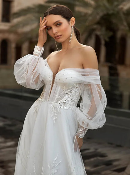 Simple & Elegant A-Line Boho Wedding Dresses Sweetheart Appliqued Beads Puffy Sleeves Tulle Sweep Train Bridal Gowns Custom Made