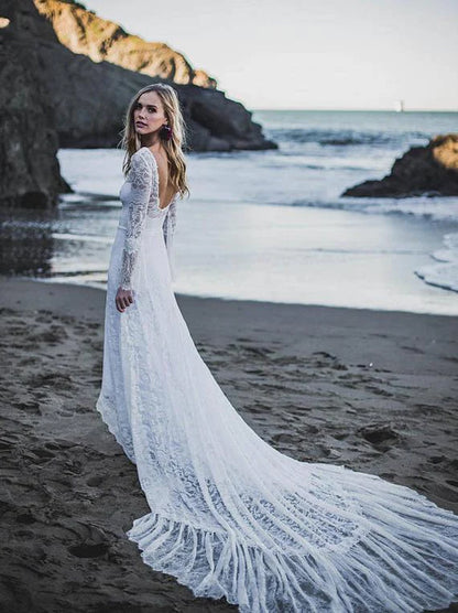 Charming Mermaid Wedding Dresses Scoop Long Sleeves Backless Lace Sweep Train Bridal Gowns Custom Made