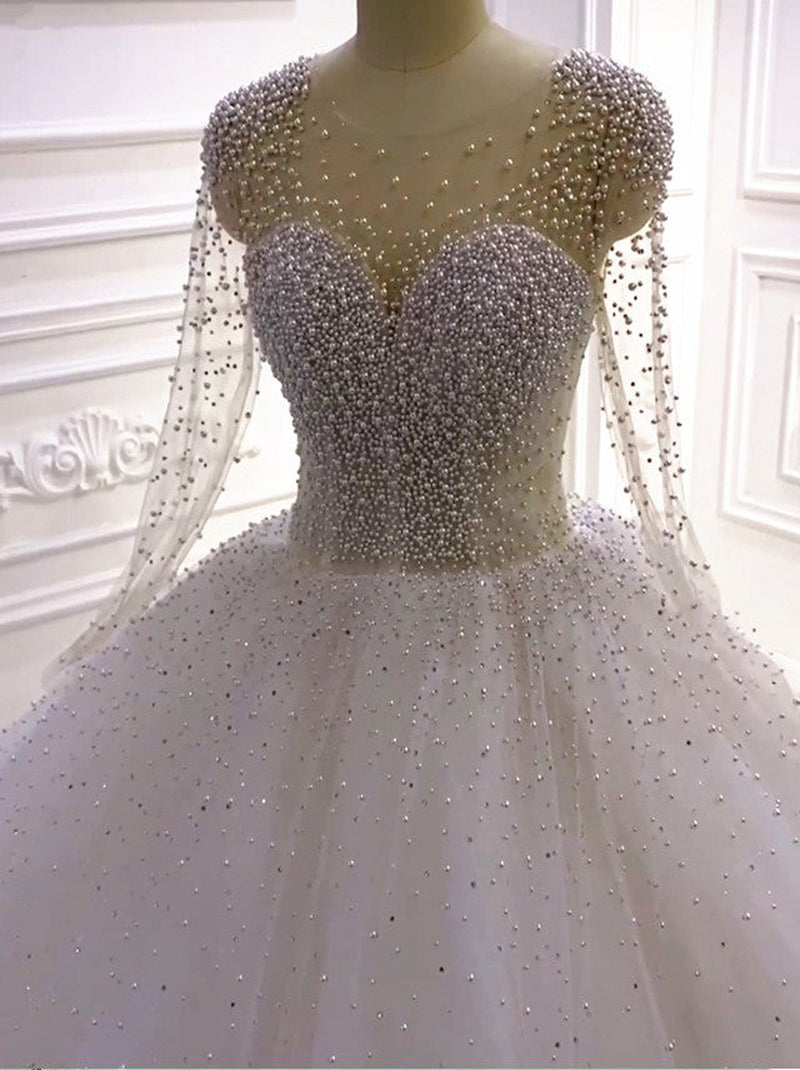 Sparkling Ball Gown Wedding Dresses Scoop Beads Crystals Illusion Long Sleeves Lace Up Tulle Bridal Gowns Custom Made