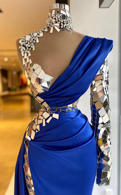 RP522-Luxury Royal Blue Mermaid High Neck Ruched Crystals Mirrors Long Sleeves Prom Evening Dresses Formal Party Gowns With High Slit