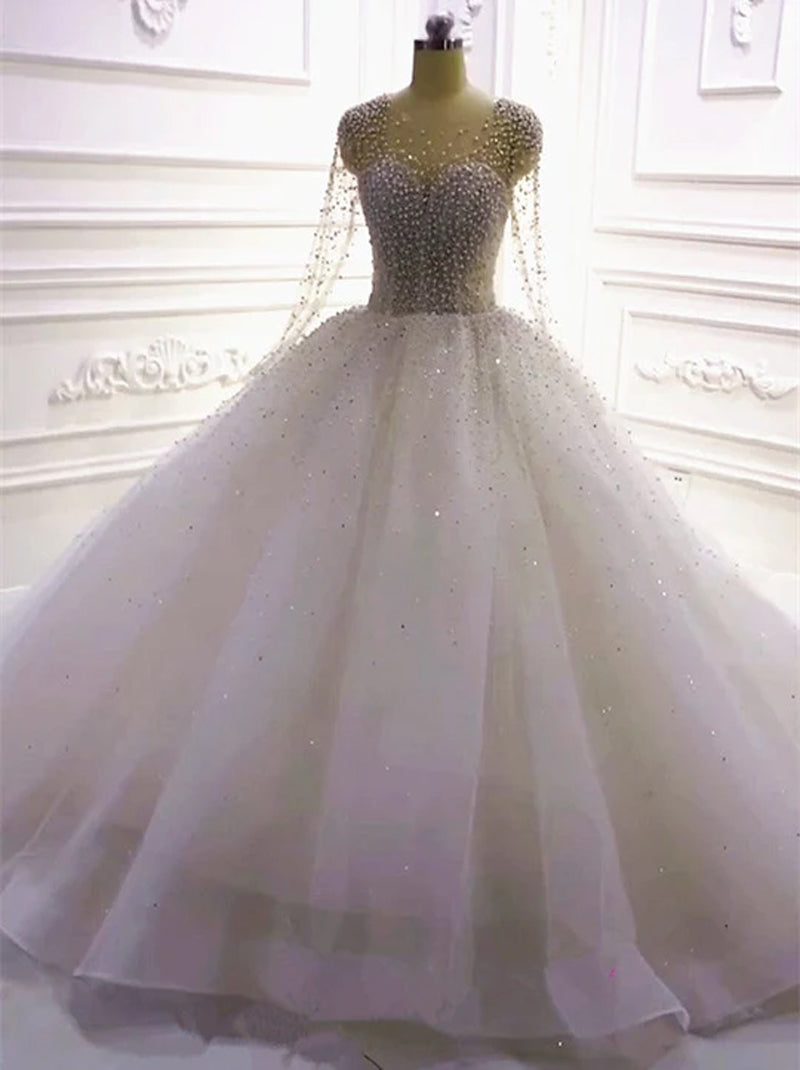 Sparkling Ball Gown Wedding Dresses Scoop Beads Crystals Illusion Long Sleeves Lace Up Tulle Bridal Gowns Custom Made