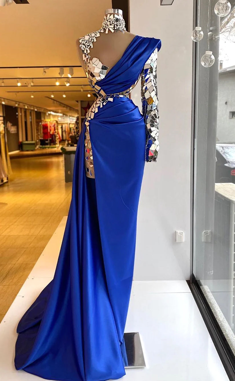 RP522-Luxury Royal Blue Mermaid High Neck Ruched Crystals Mirrors Long Sleeves Prom Evening Dresses Formal Party Gowns With High Slit