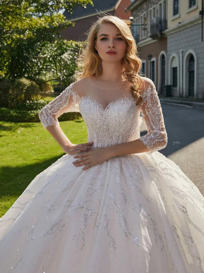 Lusurious Ball Gown Wedding Dresses Illusion Scoop Beads Sequins Half Sleeves Lace Up Tulle Bridal Gowns Custom Made