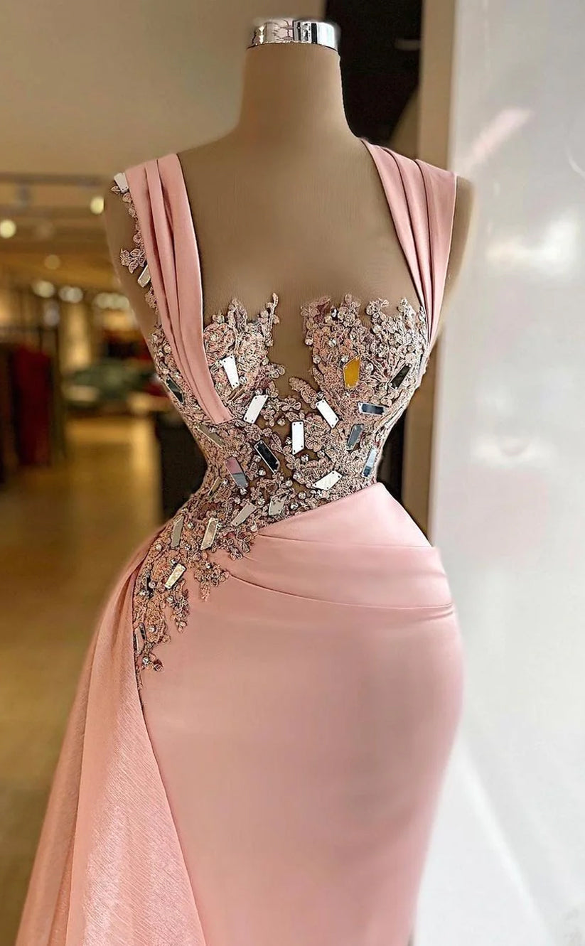 RP523-Luxury Pink Mermaid Sweetheart Ruched Appliqued Sequined Mirrors Cap Sleeves Prom Evening Dresses Formal Party Gowns