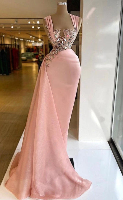 RP523-Luxury Pink Mermaid Sweetheart Ruched Appliqued Sequined Mirrors Cap Sleeves Prom Evening Dresses Formal Party Gowns