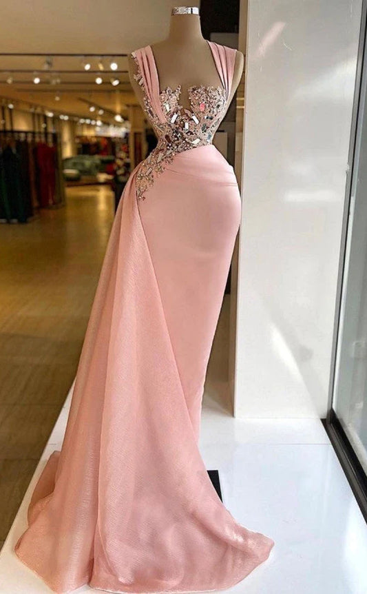 RP523-Luxury Pink Mermaid Sweetheart Ruched Appliqued Sequined Mirrors Cap Sleeves Prom Evening Dresses Formal Party Gowns