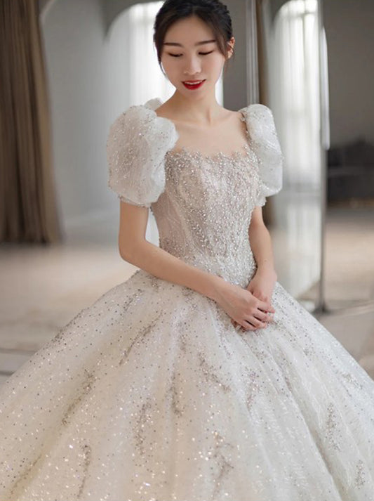 Sparkling Ball Gown Wedding Dresses Strapless Beads Crystals Puffy Sleeves Lace Up Tulle Court Train Bridal Gowns Custom Made