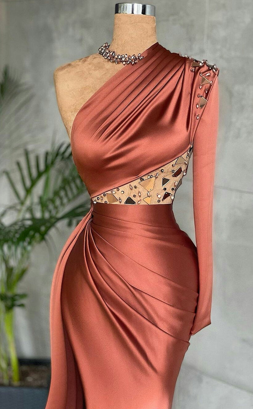 RP524-Luxury Brwon Mermaid One Shoulder Ruched Bead Mirrors Long Sleeves Prom Evening Dresses Formal Party Gowns With Slit